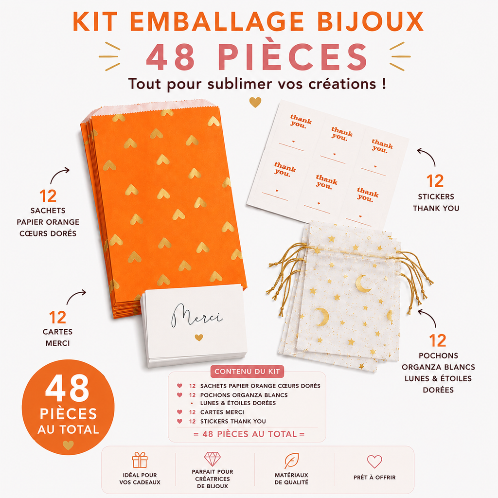 Kit emballage bijoux – pochons organza, cartes & pochettes (48 pièces)