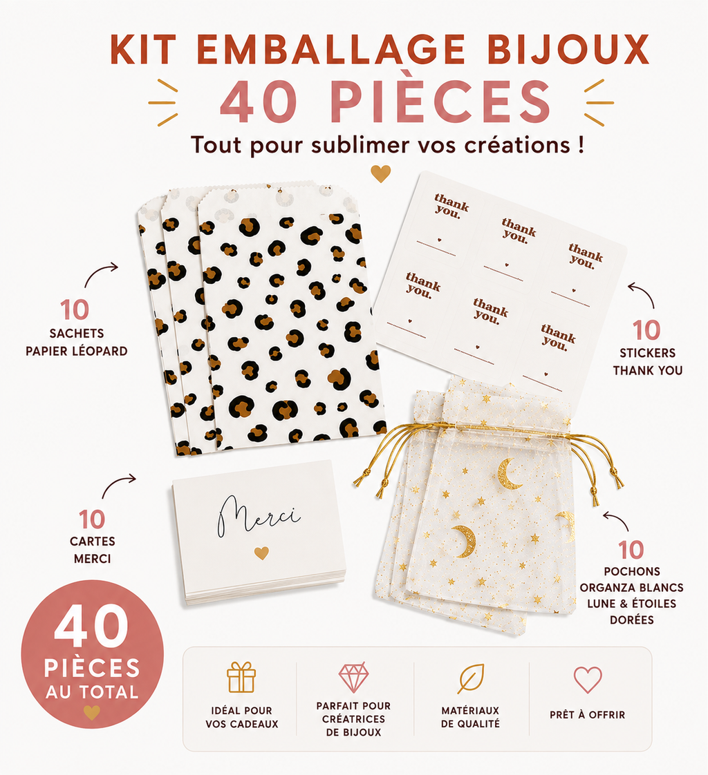 Kit emballage bijoux – pochons organza, cartes & pochettes 40 PCS