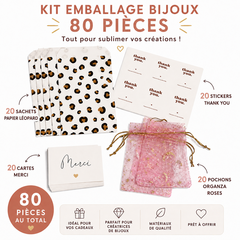 Kit emballage bijoux – pochons organza, cartes & pochettes 80 PCS