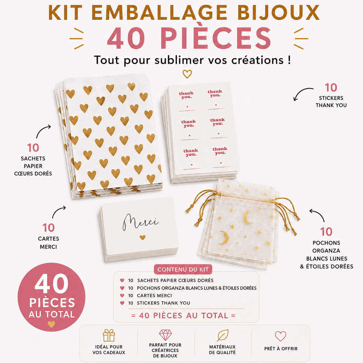 Kit emballage bijoux – pochons organza, cartes & pochettes 40 PCS