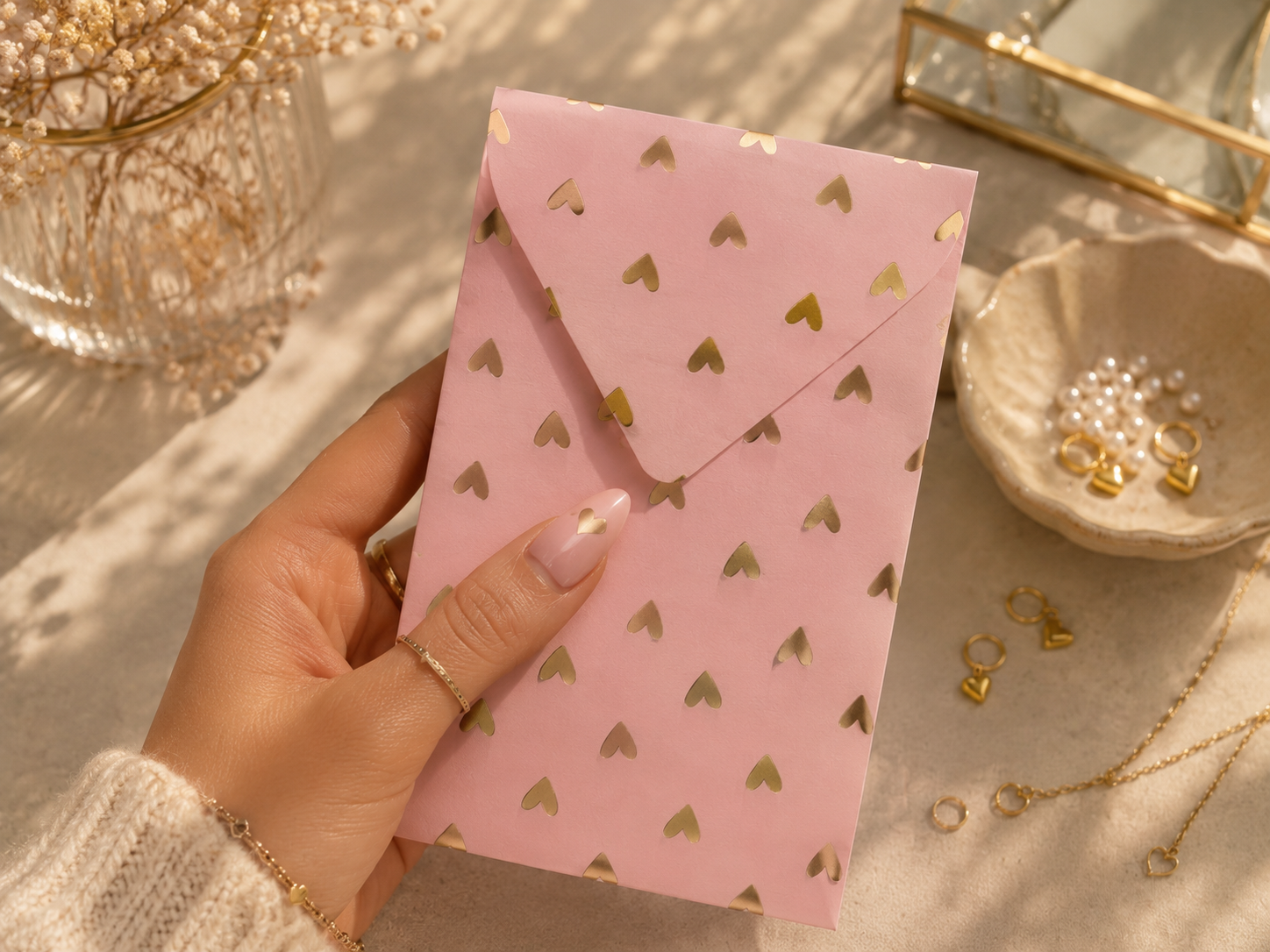 Pochettes Papier Rose Cœurs Dorés – Sachets Emballage Bijoux – Pochette Cadeau Boutique – Packaging Bijoux 12 × 22 cm (≈ 4.7 × 8.7 inches) (Copie)
