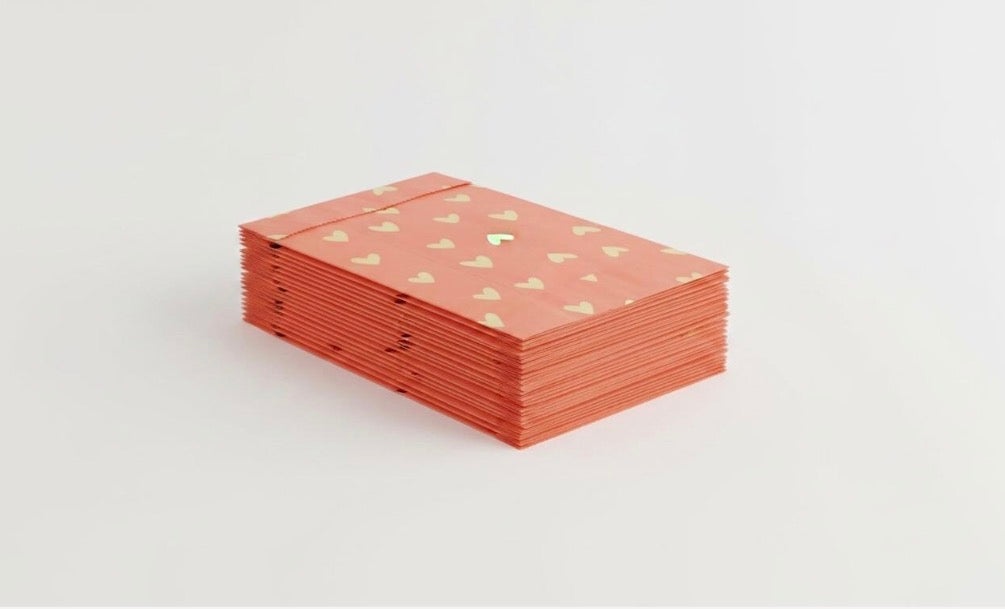 Pochettes Papier Rose Cœurs Dorés – Sachets Emballage Bijoux – Pochette Cadeau Boutique – Packaging Bijoux 12 × 22 cm (≈ 4.7 × 8.7 inches)