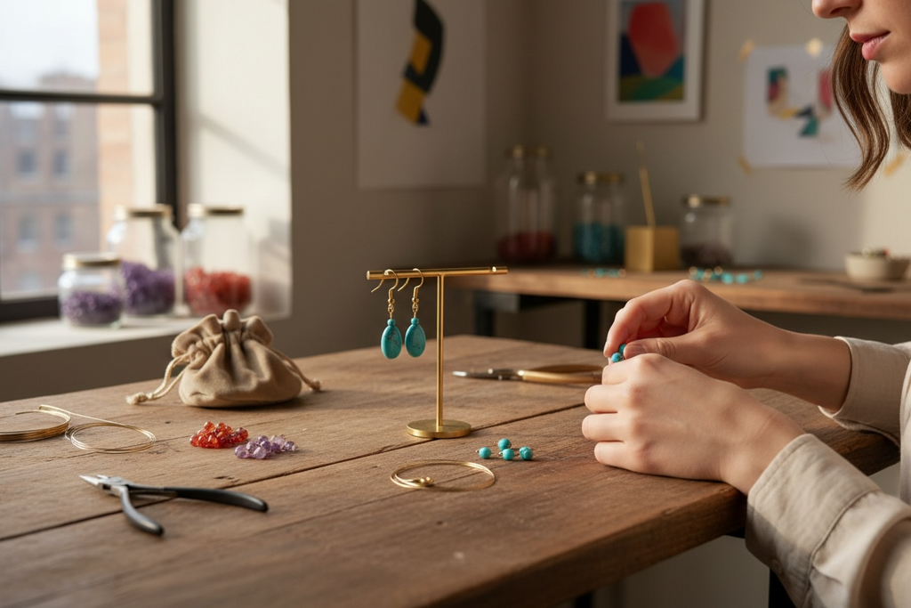 Création de boucles d'oreilles avec des crochets en acier inoxydable doré.