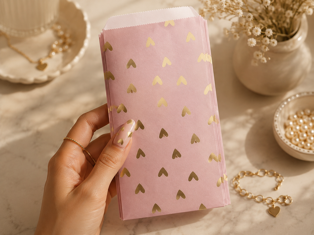 Pochettes Papier Rose Cœurs Dorés – Sachets Emballage Bijoux – Pochette Cadeau Boutique – Packaging Bijoux 12 × 22 cm (≈ 4.7 × 8.7 inches) (Copie)