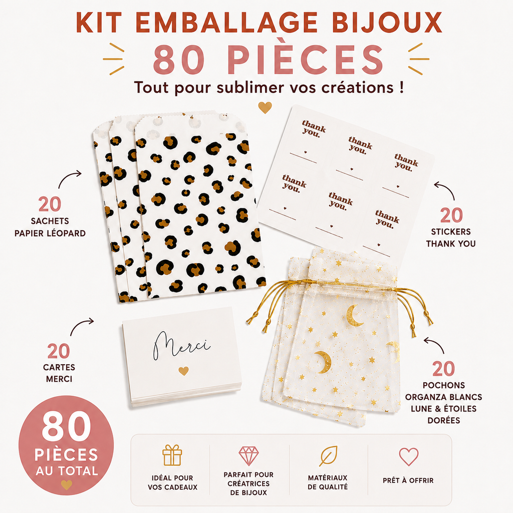 Kit emballage bijoux – pochons organza, cartes & pochettes 80 PCS