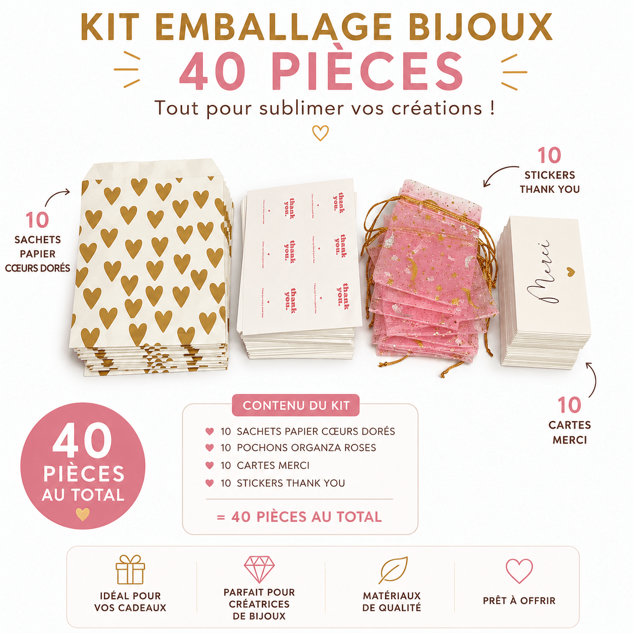 Kit emballage bijoux – pochons organza, cartes & pochettes 40 PCS perles bijoux - Perlatopia