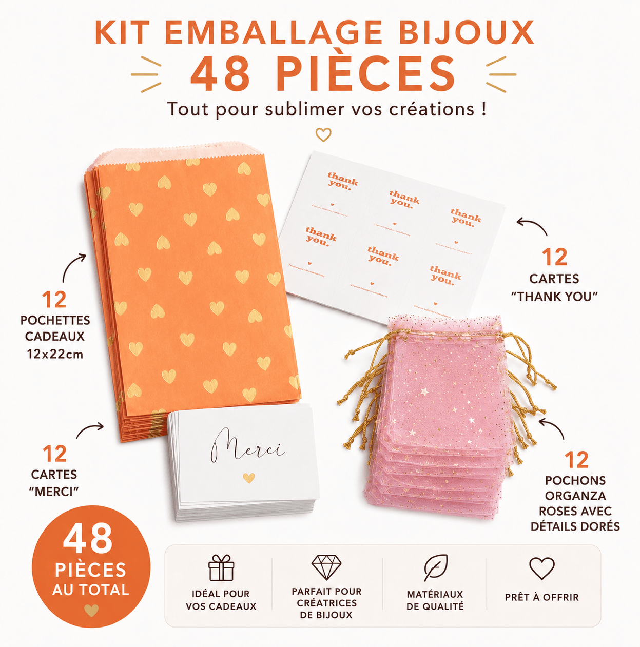 Kit emballage bijoux – pochons organza, cartes & pochettes (48 pièces) perles bijoux - Perlatopia