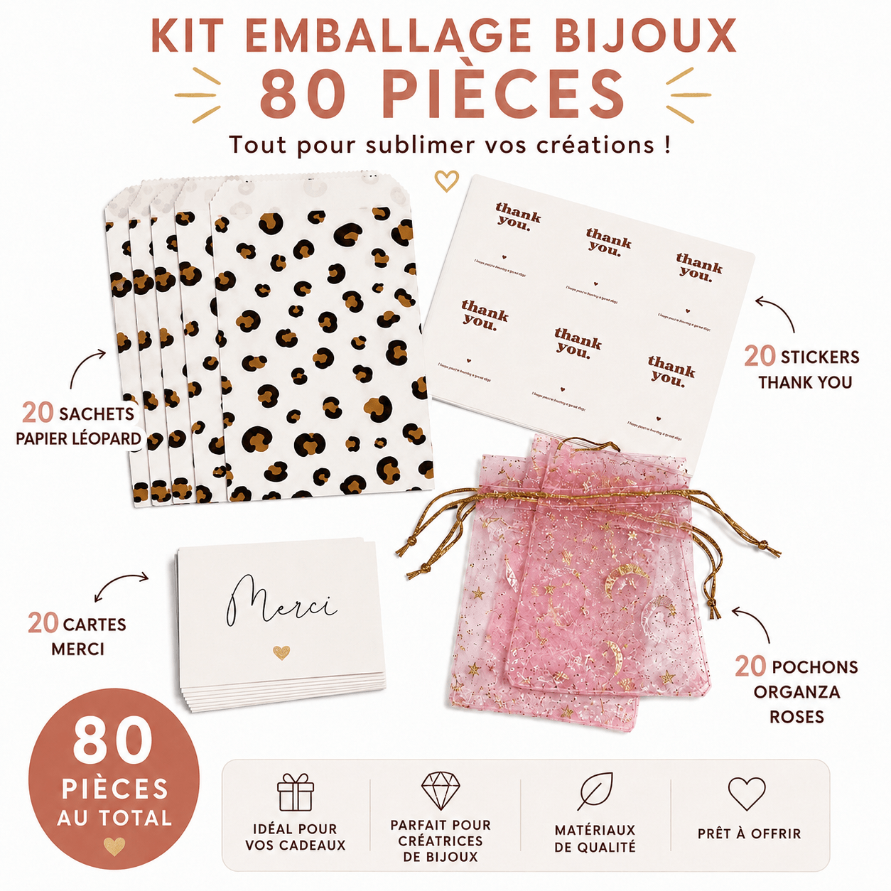 Kit emballage bijoux – pochons organza, cartes & pochettes 80 PCS perles bijoux - Perlatopia