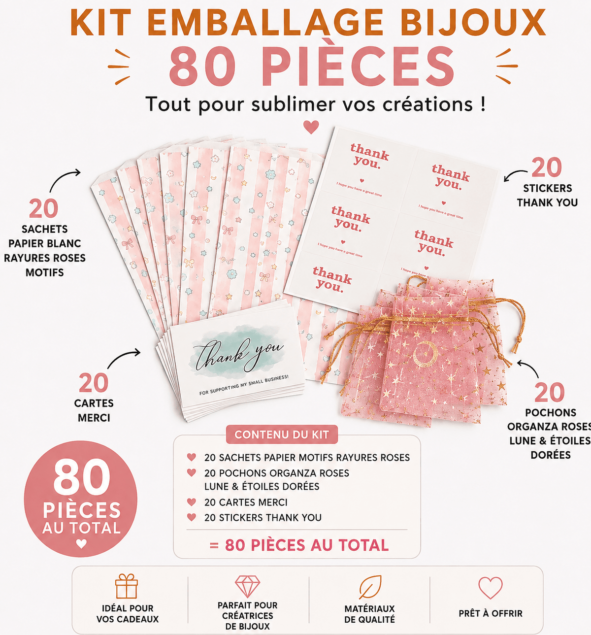 Kit emballage bijoux – pochons organza, cartes & pochettes 80 PCS perles bijoux - Perlatopia
