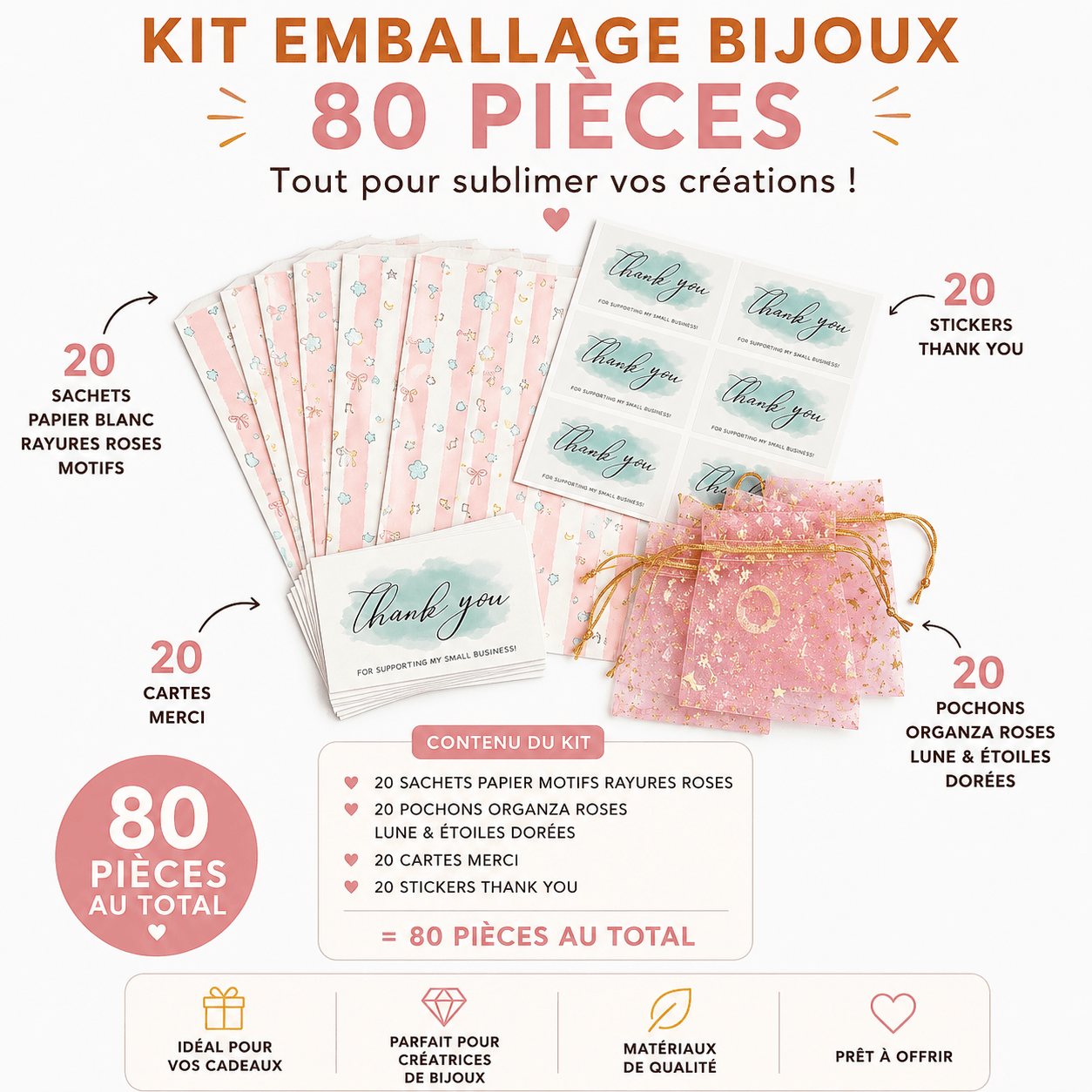 Kit emballage bijoux – pochons organza, cartes & pochettes 80 PCS perles bijoux - Perlatopia