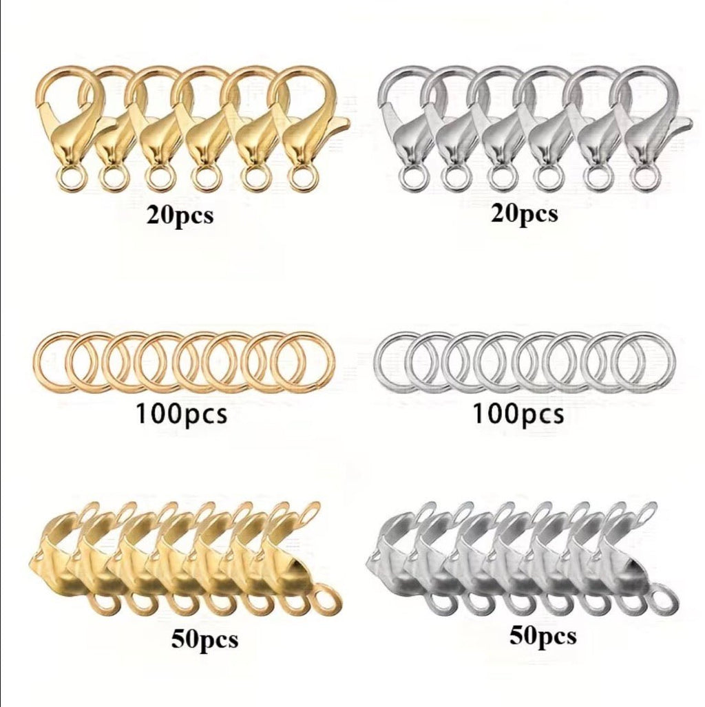 Kit Fermoirs Bijoux Acier Inoxydable – Mousquetons, Anneaux & Serre - fils – Or & Argent – 340 pièces perles bijoux - Perlatopia