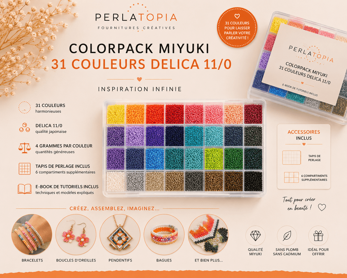 Kit Miyuki Delica 11/0 – ColorPack 31 Couleurs | 124 g de Perles + Tapis de Perlage & Tutoriels perles bijoux - Perlatopia