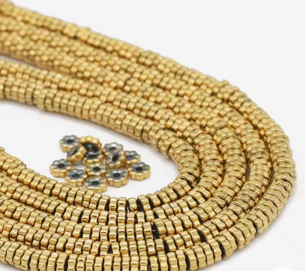 Perles Fleur Heishi Chrysanthemum en Hématite Naturelle Plaquée Or 5 × 1 mm – 50 pièces perles bijoux - Perlatopia
