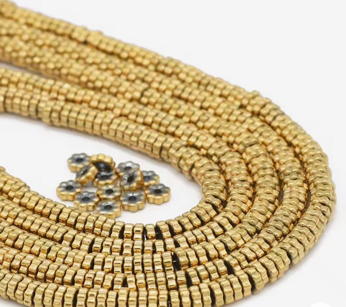 Perles Fleur Heishi Chrysanthemum en Hématite Naturelle Plaquée Or 5 × 1 mm – 50 pièces perles bijoux - Perlatopia