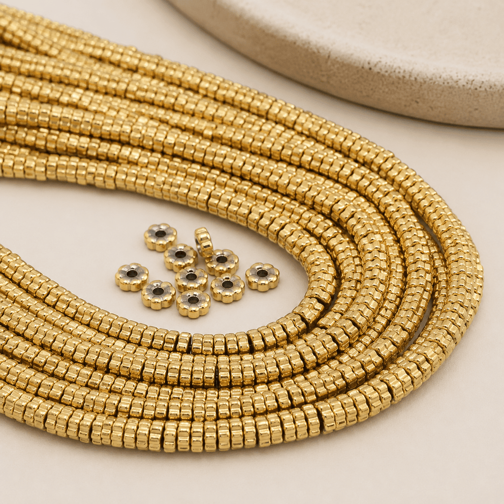Perles Fleur Heishi Chrysanthemum en Hématite Naturelle Plaquée Or 5 × 1 mm – 50 pièces perles bijoux - Perlatopia