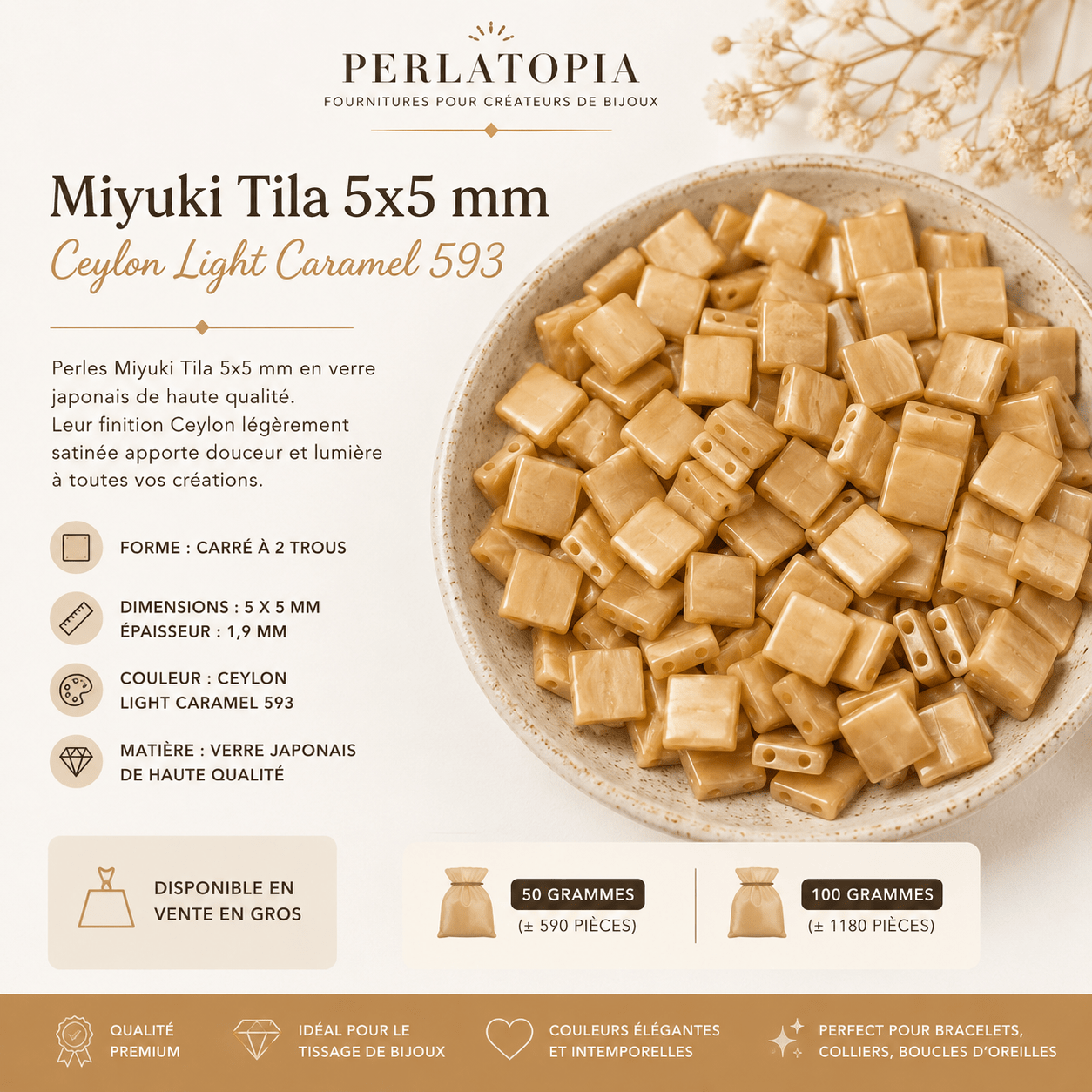Perles Miyuki Tila 5x5 mm Ceylon Light Caramel 593 – Vente en gros 50 g & 100 g | Perlatopia perles bijoux - Perlatopia