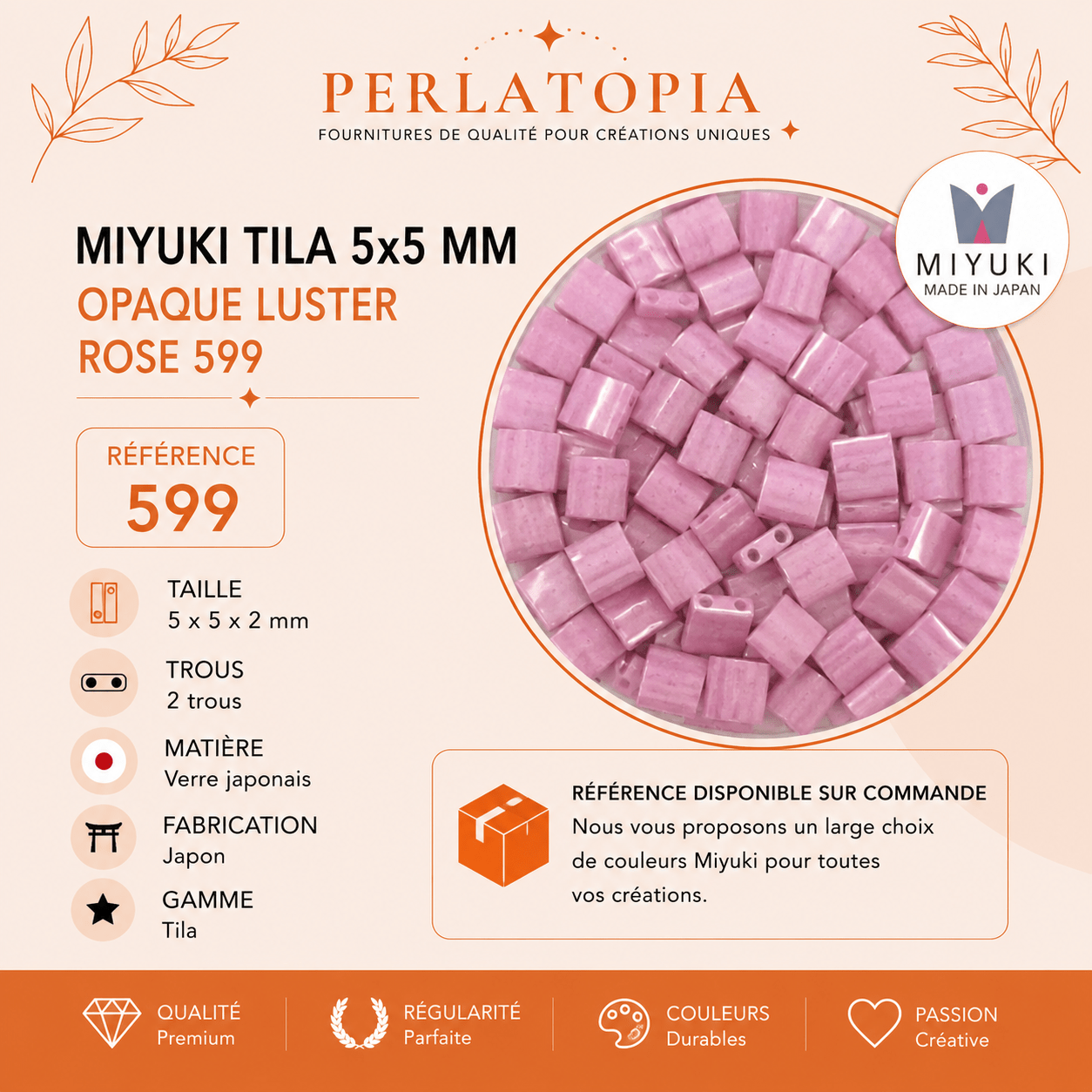 Perles Miyuki Tila 5x5 mm Opaque Luster Rose 599 – Perles japonaises en verre – 50 g & 100 g perles bijoux - Perlatopia