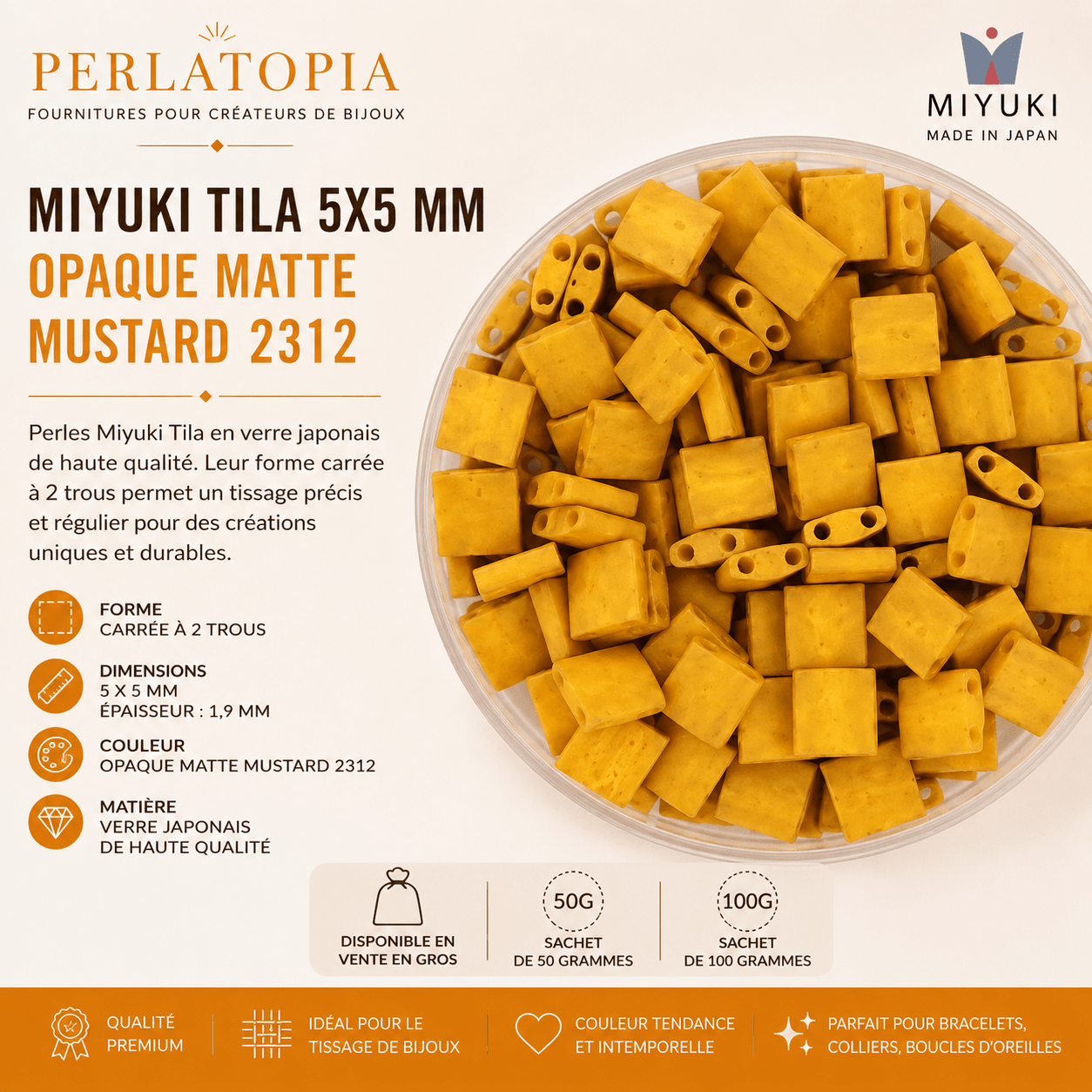 Perles Miyuki Tila 5x5 mm Opaque Matte Mustard 2312 – Vente en gros 50 g & 100 g | Perlatopia perles bijoux - Perlatopia