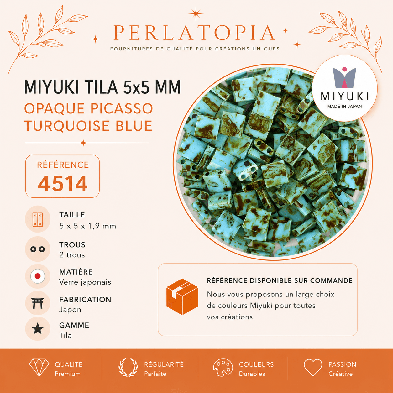 Perles Miyuki Tila 5x5 mm Opaque Picasso Turquoise Blue 4514 – Perles japonaises en verre – 50 g & 100 g perles bijoux - Perlatopia