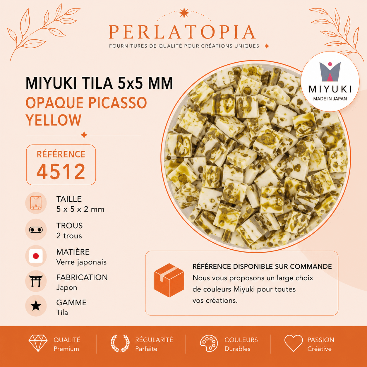 Perles Miyuki Tila 5x5 mm Opaque Picasso Yellow 4512 – Perles japonaises en verre – 50 g & 100 g perles bijoux - Perlatopia