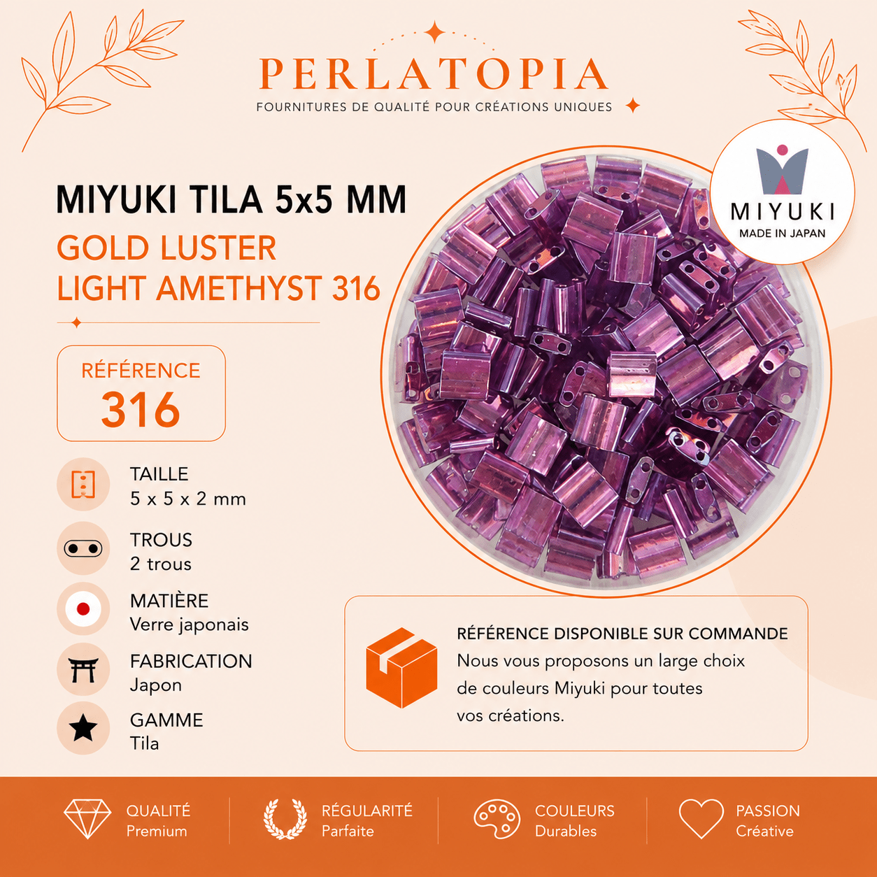 Perles Miyuki Tila 5x5 mm référence 316 Gold Luster Light Amethyst – Perles japonaises en verre pour création de bijoux – Perlatopia perles bijoux - Perlatopia