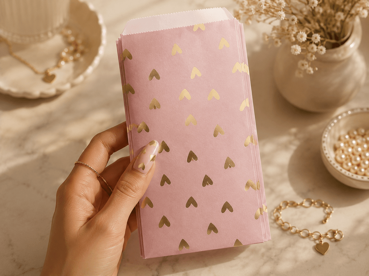 Pochettes Papier Rose Cœurs Dorés – Sachets Emballage Bijoux – Pochette Cadeau Boutique – Packaging Bijoux 12 × 22 cm (≈ 4.7 × 8.7 inches) (Copie) perles bijoux - Perlatopia